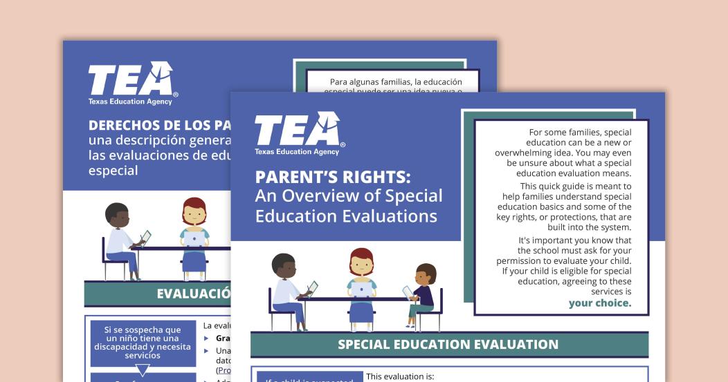 English and Spanish Texas Education Agency guides about parents’ rights in special education evaluations. The overlapping brochures feature blue covers with illustrations of children and adults seated at a table, along with informational text about special education evaluation services and family rights.